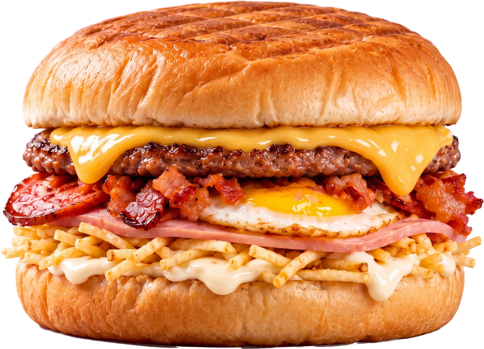 O Gordão montado: pão prensado, queijo prato, hambúrguer, bacon, calabresa, ovo, presunto, batata palha, requeijão e maionese.